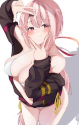 absurdres bare_shoulders bikini black_hoodie blush bow breasts cleavage collarbone cowboy_shot folia_leaf hair_ornament hairclip highres hood hooded_jacket hoodie jacket large_breasts long_hair long_sleeves looking_at_viewer low_ponytail navel nijisanji nijisanji_gamers open_clothes open_jacket pink_hair ponytail red_bow red_eyes shiina_yuika shiina_yuika_(2nd_costume) smile swimsuit thighs v virtual_youtuber w white_background white_bikini