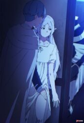 Rule 34 | 1girl, 2boys, artist name, blue hair, blue tunic, cloak, clothes lift, commentary, dress, dress lift, earrings, elf, english commentary, frieren, green eyes, hand on another&#039;s thigh, heiter, hetero, highres, himmel (sousou no frieren), indoors, jewelry, long hair, long pointy ears, long sleeves, looking to the side, multiple boys, night, parted bangs, patreon logo, patreon username, pointy ears, short eyebrows, short hair, short sleeves, sleeping, sousou no frieren, standing, teardrop earrings, thick eyebrows, thighs, tunic, white cloak, white dress, zuharu
