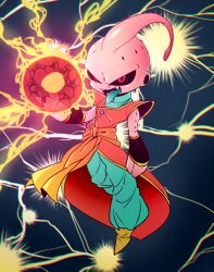 1boy antennae aqua_pants aqua_shirt black_background black_bracer black_nails black_sclera boots bracer brown_boots clenched_hand coat coattails colored_extremities colored_sclera colored_skin commentary dragon_ball dragonball_z energy energy_ball evil_eyes evil_smile fangs full_body gold_trim hand_up high_collar hole_on_body kid_buu looking_at_viewer majin_buu male_focus no_eyebrows open_mouth orange_sash pants pink_skin red_coat red_eyes sharp_teeth shiny_skin shirt shirtless_male shoulder_pads simple_background smile solo teeth tongue tongue_out topless_male upper_body yellow_trim