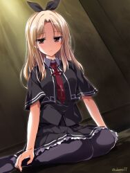 1girl black_bow black_capelet black_pantyhose black_skirt black_vest blonde_hair blush bow breasts brown_eyes capelet chaamii closed_mouth collared_shirt commentary cross cross_print dutch_angle frilled_skirt frills frown full_body grey_shirt hair_bow highres long_hair looking_at_viewer medium_breasts necktie pantyhose parted_bangs red_necktie shirt sitting skirt solo tsui_no_sora tsui_no_sora_(remake) vest wariza yokoyama_yasuko