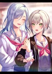 Rule 34 | 2girls, :d, ^ ^, annoyed, arm hug, black jacket, blue hair, blurry, blurry background, bob cut, breasts, cardigan, closed eyes, commentary request, drawstring, eyes visible through hair, fingernails, green eyes, grey hair, grey serafuku, grey shirt, grey skirt, hair between eyes, hair flaps, hair over one eye, happy, highres, hinomori shiho, hinomori shizuku, hood, hood down, hooded jacket, jacket, letterboxed, long hair, long sleeves, looking at another, lower teeth only, miyamasuzaka girls&#039; academy school uniform, multiple girls, neckerchief, nhrg806, open cardigan, open clothes, open mouth, project sekai, puffy long sleeves, puffy sleeves, raised eyebrows, red neckerchief, sailor collar, school uniform, serafuku, shirt, short hair, siblings, sisters, skirt, small breasts, smile, swept bangs, teeth, tongue, upper body, upturned eyes, v-shaped eyebrows, white cardigan, white sailor collar