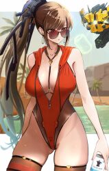 1girl blunt_bangs breasts brown_eyes brown_hair brown_thighhighs can cleavage drone eve_(stellar_blade) heart heart_necklace highleg highleg_leotard highres holding holding_can jamg336 jewelry large_breasts leotard long_hair midsummer_redhood_(stellar_blade) necklace ponytail stellar_blade thick_thighs thighhighs thighs very_long_hair