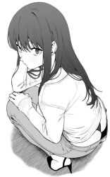 1girl amano_don ass breasts closed_mouth commentary downpants from_above from_behind full_body greyscale hand_in_own_hair high_heels long_hair long_sleeves looking_at_viewer looking_back medium_breasts monochrome nose original panties pants panty_peek ribbed_sleeves shirt sidelocks simple_background sleeves_past_wrists solo squatting straight_hair underwear white_background