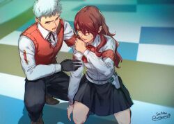 Rule 34 | 1boy, 1girl, black gloves, black pants, black skirt, blue hair, commentary, english commentary, gloves, indoors, kirijou mitsuru, kneeling, long sleeves, miniskirt, pants, persona, persona 3, red eyes, red hair, red vest, sanada akihiko, shirt, short hair, skirt, soc nau, sweater vest, vest, white shirt