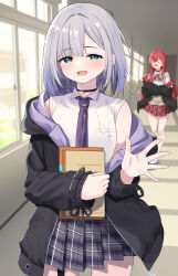 &gt;_&lt; 2girls aqua_eyes bare_shoulders black_choker black_jacket book brown_sweater choker collared_shirt cowboy_shot garter_straps gradient_hair grey_skirt hallway highres holding holding_book jacket kaga_sumire kaga_sumire_(2nd_costume) long_hair looking_at_viewer medium_hair mole mole_under_eye multicolored_hair multiple_girls neckerchief necktie nekota_tsuna nekota_tsuna_(4th_costume) off_shoulder open_mouth parted_bangs pioneer_neckerchief plaid_clothes plaid_skirt pleated_skirt purple_necktie red_hair red_neckerchief red_skirt shirt shoes short-sleeved_sweater short_sleeves single_garter_strap skirt sleeveless sleeveless_shirt solo_focus sweater syurimp uwabaki virtual_youtuber vspo! waving white_hair white_shirt window