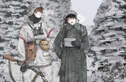 2girls binoculars bolt_action breath camouflage canteen chin_strap coat drum_magazine germany gloves greatcoat gun helmet highres magazine_(weapon) mauser_98 military military_uniform multiple_girls original ppsh-41 rifle scarf snow snow_camouflage snowing submachine_gun the_zombie5555 tree weapon winter_clothes world_war_ii