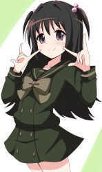 1girl \m/ absurdres aikawa_ryou blush bow brown_bow closed_mouth commentary_request commission double_\m/ green_background green_sailor_collar green_serafuku green_shirt green_skirt hair_between_eyes hair_bobbles hair_intakes hair_ornament hands_up highres hirai_yukari long_hair long_sleeves pixiv_commission puffy_long_sleeves puffy_sleeves purple_eyes sailor_collar school_uniform serafuku shakugan_no_shana shirt skirt smile solo two-tone_background two_side_up very_long_hair white_background