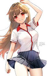 1girl 2024 arm_at_side arm_up black_ribbon black_skirt blonde_hair blush clothes_lift collared_shirt commentary_request cowboy_shot dated floating_hair gluteal_fold hair_flaps hair_ornament hair_ribbon hairclip hanako_(peanut) highres kantai_collection long_hair looking_at_viewer miniskirt official_alternate_costume panties pantyshot parted_lips pleated_skirt red_eyes ribbon shirt short_sleeves simple_background skirt skirt_lift smile solo tsurime underwear very_long_hair white_background white_panties white_shirt wind wind_lift yuudachi_(kancolle) yuudachi_(round_one)_(kancolle) yuudachi_kai_ni_(kancolle)