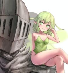 Rule 34 | 1boy, 1girl, antenna hair, armor, bare legs, bare shoulders, black souls, black souls 2, black wings, crossed legs, fairy wings, fur scarf, fur trim, green eyes, green hair, green leotard, green wings, grey scarf, grimm (black souls), hand up, leaf (black souls), leotard, light blush, looking at another, looking at viewer, on shoulder, pointy ears, scarf, short hair, sitting, smile, v, white background, wings, wrangelina