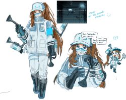 1girl all-around_cleaner arm_up baseball_cap black_boots blue_eyes boots brown_hair cleaning e.g.o_(project_moon) hat high_ponytail highres jacket kampuzu limbus_company long_hair multiple_views open_mouth pants ponytail project_moon rodion_(project_moon) simple_background smile very_long_hair white_background white_hat white_jacket white_pants