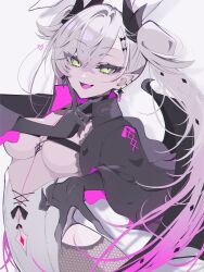 1girl adapted_costume black_cloak black_hands body_markings breasts choker cloak colored_extremities commentary crossed_bangs demon_girl demon_horns demon_wings ear_piercing fate/grand_order fate_(series) fishnet_pantyhose fishnets green_eyes grey_hair hair_between_eyes highleg highleg_leotard highres horns i10_ksw leotard lilith_(fate) lilith_(second_ascension)_(fate) long_hair looking_at_viewer medium_breasts navel open_mouth pantyhose piercing pointy_ears smile solo twintails very_long_hair white_leotard wings