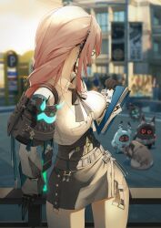 Rule 34 | 1girl, absurdres, bangboo (zenless zone zero), black gloves, black skirt, breasts, building, cat, cityscape, cowboy shot, dress shirt, gloves, high-waist skirt, highres, hoshimi miyabi, miyaboo (zenless zone zero), jelmul, large breasts, long hair, looking back, outdoors, pencil skirt, pink hair, shirt, sidelocks, skirt, soukaku (zenless zone zero), soukaboo (zenless zone zero), standing, tsukishiro yanagi, white shirt, zenless zone zero