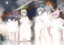 Rule 34 | 6+girls, absurdres, ahoge, animal ear fluff, animal ears, ayane (blue archive), b.t. (boob tong), bamboo fence, bathing, black hair, blue archive, blue eyes, blue halo, blush, breast conscious, breast envy, breasts, broken halo, brown hair, cat ears, cleavage, convenient censoring, covering breasts, covering privates, cross hair ornament, dark halo, extra ears, fang, fence, foreclosure task force (blue archive), glasses, green eyes, green halo, grey hair, hair between eyes, hair ornament, halo, heterochromia, highres, hoshino (blue archive), huge ahoge, large breasts, long hair, medium breasts, medium hair, mismatched pupils, multiple girls, naked towel, nonomi (blue archive), onsen, open mouth, pink hair, pink halo, pointy ears, red-framed eyewear, red halo, serika (blue archive), shiroko (blue archive), shiroko terror (blue archive), short hair, smile, solo, steam, steam censor, towel, wolf ears, wolf girl, yellow eyes