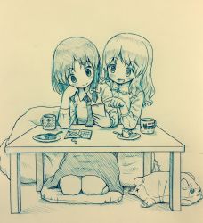 2girls :d animal_hands arinu blush bow breasts buttons cat cellphone closed_mouth coffee_mug collar collared_shirt commentary_request cuffs cup dress dress_shirt eye_of_providence food fork graphite_(medium) greyscale hair_bow hand_on_another&#039;s_shoulder hand_on_own_cheek hand_on_own_face highres holding illuminati large_breasts leaning_on_person long_hair long_sleeves loose_necktie maribel_hearn medium_breasts medium_hair monochrome mug multiple_girls necktie notebook open_mouth pencil phone pillow pointing seiza shirt side_ponytail sitting skirt smile stuffed_animal stuffed_toy table touhou traditional_media usami_renko