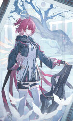 1girl absurdres animal arknights bird black_gloves black_jacket black_shorts brown_eyes closed_mouth commentary_request cropped_jacket dress echj exusiai_(arknights) fingerless_gloves gloves hair_over_one_eye halo highres hood hood_down hooded_jacket jacket long_sleeves looking_at_viewer one_side_up open_clothes open_jacket red_hair shorts solo standing thighhighs tree white_dress white_thighhighs wide_sleeves