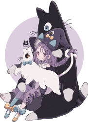 1girl ahoge animal_ears artist_name asymmetrical_footwear black_hat black_jacket blue_bow blue_shoes blue_thighhighs bow braid bright_pupils cat commentary_request creature eye_on_hat fake_animal_ears full_body hat hat_bow highres holding holding_creature jacket jikuno long_hair long_sleeves looking_at_viewer mismatched_footwear original purple_eyes purple_hair purple_skirt see-through_clothes see-through_skirt shirt shoes simple_background single_thighhigh sitting skirt sleeveless sleeveless_shirt smile solo thighhighs white_background white_cat white_pupils white_shirt witch_hat yellow_bow yellow_shoes