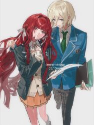 1boy 1girl black_jacket black_pants black_shoes blazer blonde_hair blue_eyes blue_jacket blunt_bangs book bow breast_pocket buttons chinese_commentary collared_jacket collared_shirt commentary_request commission couple crest diurtion dress_shoes expressionless full_body green_necktie grey_background grey_socks hair_between_eyes hair_bow hair_intakes hand_in_another&#039;s_hair hand_on_own_chest happy head_tilt hetero highres holding holding_book holding_paper jacket kneehighs lace_bow lapels layered_sleeves leaning_on_person light_blush long_hair long_hair_between_eyes long_sidelocks miniskirt mole mole_under_eye neck_ribbon necktie notched_lapels open_clothes open_jacket orange_ribbon orange_skirt original pants paper parted_lips plaid_clothes plaid_pants pleated_skirt pocket red_hair ribbon school_uniform shirt shoes short_hair sidelocks simple_background skirt sleeves_past_wrists smile socks sweater_jacket sweater_vest very_long_hair walking watermark wavy_hair white_bow white_jacket white_shirt