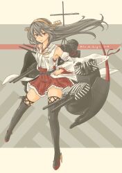 Rule 34 | 1girl, absurdres, black boots, blush, boots, brown eyes, commentary request, dazzle paint, detached sleeves, double-parted bangs, floating hair, frilled skirt, frills, full body, grey background, grey hair, hair between eyes, hair ornament, hairband, hairclip, haruna (kancolle), highres, kantai collection, long hair, looking at viewer, mast, nontraditional miko, parallel hairclips, partial commentary, pleated skirt, pot-de, red skirt, ribbon-trimmed sleeves, ribbon trim, rigging, ship turret, sidelocks, signature, skirt, smile, smokestack, solo, thigh boots, thighs, twitter username, very long hair, white sleeves, wide sleeves, yellow background, yellow hairband