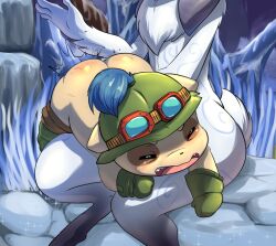 1boy 1girl ass body_fur brown_pants clothes_pull furry furry_female gloves goat_tail goggles goggles_on_headwear green_footwear green_gloves green_headwear head_out_of_frame hetero kindred_(league_of_legends) lamb_(league_of_legends) league_of_legends lkiws on_lap open_mouth pants pants_pull shiny_skin shota sitting spanking teemo white_fur