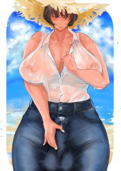 1futa balls_outline beach blue_jeans blush breasts brown_hair bulge buttons cleavage collared_shirt cum cum_in_clothes curvy denim erection erection_under_clothes futanari hand_on_own_penis hat highres huge_breasts huge_testicles jeans large_areolae large_penis mature_female mole mole_under_eye nervous_smile nipples nipples_visible_through_shirt no_bra pants penis purple_eyes shirt short_hair sleeveless sleeveless_shirt smile solo straw_hat sweat taba testicles thick_thighs thighs white_shirt wide_hips