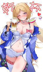 absurdres aki_rosenthal beer_mug blonde_hair blue_jacket blush breasts camisole cleavage commentary_request cup detached_hair floating_hair foam_mustache highres holding holding_cup hololive horns jacket large_breasts looking_at_viewer menomeno_draw mug navel one_eye_closed revealing_clothes ribbon short_hair shorts single_thighhigh thighhighs translation_request upper_body virtual_youtuber white_camisole white_shorts white_thighhighs