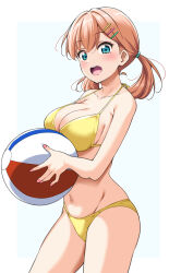 1girl ball bare_arms bare_legs beachball bikini blue_eyes breasts hair_ornament hairclip happy highres hinoshita_kaho holding holding_ball large_breasts light_blush link!_like!_love_live! lips long_hair looking_at_viewer love_live! low_twintails nail_polish navel open_mouth orange_hair sideboob smile solo summer swimsuit teeth thighs twintails upper_teeth_only white_background yellow_bikini yopparai_oni
