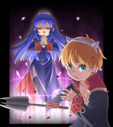 1boy 1girl biretta black_border black_coat black_thighhighs blonde_hair border brown_hat closed_eyes coat commentary_request cone_horns dress fake_horns garter_straps gold_trim green_eyes hairband hat holding holding_mace holding_weapon horns juliet_sleeves long_hair long_sleeves looking_at_viewer mace magic multicolored_coat open_mouth priest_(ragnarok_online) puffy_sleeves purple_dress ragnarok_online red_coat short_hair side_slit thighhighs two-tone_coat upper_body weapon white_hairband white_horns yuru4u
