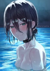 Rule 34 | 1girl, absurdres, black choker, black hair, blush, breasts, chainsaw man, choker, closed mouth, green eyes, hair between eyes, hair bun, hashtag-only commentary, highres, looking at viewer, partially submerged, reze (chainsaw man), small breasts, smile, solo, tare negima, twitter username, water, wet, wet hair
