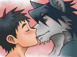 2boys animal_ears blush commentary_request dog_boy dog_ears facing_another from_side furry furry_male furry_with_non-furry hiroyuki_nishimura_(morenatsu) imminent_kiss interspecies kouya_aotsuki looking_at_another male_focus morenatsu multiple_boys profile shirako_(kirupi) upper_body