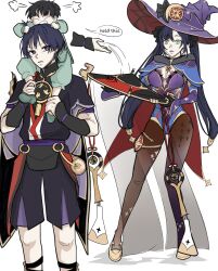 1girl 2boys armor black_bodysuit black_bow black_choker black_gloves black_hair black_hat black_kimono black_mouth black_shorts black_sleeves black_trim blue_leotard blue_sleeves blunt_bangs bodystocking bodysuit bow brown_pantyhose cape carrying child chinese_clothes choker clenched_hands closed_eyes crescent crescent_hat_ornament detached_sleeves earrings english_text fur_collar furisode genshin_impact gloves gold gold_shoes gold_trim grabbing_another&#039;s_hair green_eyes green_pants green_shirt grey_veil hair_bow hat hat_ornament highleg highleg_leotard highres holding holding_another&#039;s_legs holding_unworn_clothes holding_unworn_hat japanese_armor japanese_clothes jewelry jingasa juban kacchan_09 kimono kote kurokote layered_shorts layered_sleeves leotard long_hair looking_at_another lower_teeth_only mandarin_collar mona_(genshin_impact) multiple_boys neck_ring o-ring open_clothes open_kimono open_mouth original pants pantyhose ponytail_holder purple_hat purple_leotard purple_sash purple_shorts purple_sleeves red_cape red_hat red_kimono sash scaramouche_(genshin_impact) see-through_clothes see-through_veil shirt shoes short_sleeves shorts shoulder_carry speech_bubble standing star_(symbol) star_choker star_earrings star_hat_ornament star_print teeth thighlet twintails two-sided_fabric two-sided_headwear two-tone_sleeves unworn_hat unworn_headwear veil white_background white_kimono white_mouth