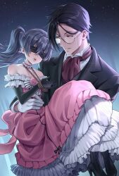 2boys absurdres age_difference bdsm black_hair black_suit blindfold bondage bound ciel_phantomhive ciel_phantomhive_(robin_dress) flower formal_clothes gloves hair_between_eyes highres jacket kuroshitsuji male_focus multiple_boys onii-shota red_eyes rope sebastian_michaelis shirt suit twintails white_gloves yaoi zephyr_(zephyrsg9)