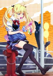 10s 1girl absurdres ahoge bag black_thighhighs blonde_hair blue_eyes bow candy car cellphone cellphone_charm cellphone_strap chain charm_(object) female_focus fire_hydrant food grisaia_(series) grisaia_no_kajitsu highres lamborghini lamborghini_reventon legs loafers lollipop long_hair long_legs matsushima_michiru motor_vehicle mouth_hold phone scan school_bag school_uniform shoes sitting skirt solo thighhighs twintails watanabe_akio wrist_cuffs zettai_ryouiki