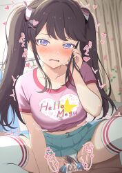 1boy 1girl absurdres aqua_skirt blush breasts brown_hair clothed_sex clothing_aside commentary cowgirl_position cum cum_in_pussy female_pubic_hair fujishima_megumi hair_ornament hairclip heisei_retro hetero highres indoors jojifuku large_breasts link!_like!_love_live! long_hair looking_at_viewer love_live! panties panties_aside penis pink_shirt print_shirt pubic_hair purple_eyes sex shirt short_sleeves skirt solo_focus spread_legs straddling twintails twitching underwear vaginal virtual_youtuber white_panties zanpon