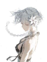 1girl bare_back bare_shoulders braid braided_ponytail breasts closed_eyes closed_mouth clothing_request commentary dino_(dinoartforame) flower from_side grey_hair hair_between_eyes hair_flower hair_ornament highres kaine_(nier) long_hair medium_breasts nier nier_(series) nier_reincarnation simple_background single_braid sleeveless solo upper_body white_background white_flower