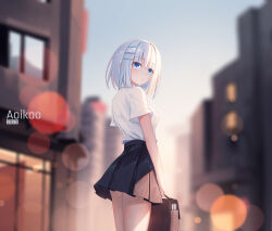 1girl absurdres aoi_kao_(lsz7106) artist_name bag black_skirt blue_eyes blurry blurry_background breasts building closed_mouth date_a_live hair_ornament hairclip highres lens_flare medium_breasts outdoors pleated_skirt school_bag school_uniform shirt short_hair short_sleeves skirt solo sunset tobiichi_origami white_hair white_shirt window