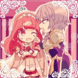 1boy 1girl angry armor black_skirt black_thighhighs cape celica_(fire_emblem) chibi choker dress earrings fingerless_gloves fire_emblem fire_emblem_echoes:_shadows_of_valentia gloves jewelry kiriya_(552260) leon_(fire_emblem_echoes) long_hair nintendo one_eye_closed princess purple_eyes purple_hair red_eyes red_hair short_hair skirt sweatdrop thighhighs tiara white_dress