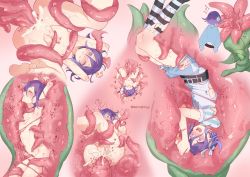 1boy anal armpits arms_up ass bar_censor belt black_belt black_socks blush bound bound_wrists cape censored commentary_request cum cum_in_ass danganronpa_(series) danganronpa_v3:_killing_harmony ewa_(seraphhuiyu) gradient_background grey_socks hair_ornament heart highres kneehighs male_focus male_penetrated oma_kokichi one_eye_closed penis plant puffy_short_sleeves puffy_sleeves purple_hair rape shirt short_sleeves shorts socks solo striped_clothes striped_socks testicles thighhighs torn_clothes torn_shirt torn_shorts twitter_username vore