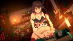 1boy 1girl 3d ? @_@ age_difference animated anna_anon assertive_female asymmetrical_legwear bare_shoulders battery_indicator bed black_choker black_thighhighs blush bottomless bouncing_breasts braid breasts brown_hair candle checkered_clothes choker cleavage cleft_of_venus closed_eyes closed_mouth cowgirl_position cum cum_in_pussy detached_sleeves ejaculation femdom girl_on_top grin held_down hetero highres holding_hands indoors interlocked_fingers kiss koikatsu_(medium) large_breasts looking_at_viewer medium_hair mismatched_legwear myra_(anna_anon) on_bed onee-shota open_mouth original penis pussy pussy_juice red_eyes red_thighhighs restrained sex shota smile speech_bubble straddling teeth thighhighs thighs twin_braids uncensored vaginal video