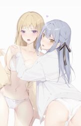 2girls after_kiss bang_dream! bang_dream!_it&#039;s_mygo!!!!! black_ribbon blue_hair blush bra braid collarbone commentary gluteal_fold hair_ornament hair_ribbon heart lie_lack1080 long_hair long_sleeves misumi_uika multiple_girls open_mouth panties purple_eyes ribbon shirt sidelocks teeth thigh_gap togawa_sakiko underwear upper_teeth_only white_bra white_panties white_shirt yuri