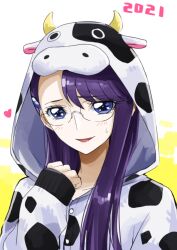 Rule 34 | 1girl, 2021, animal costume, blue eyes, blush, chinese zodiac, commentary request, cow costume, glasses, hair ornament, hairclip, heart, heartcatch precure!, long hair, long sleeves, open mouth, precure, purple hair, solo, sweatdrop, tsukikage oyama, tsukikage yuri, two-tone hoodie, upper body, year of the ox