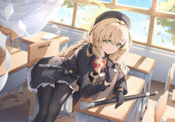 1girl antique_firearm beret black_gloves black_hat black_pantyhose black_sailor_collar black_serafuku blue_archive book bow bowtie desk firearm firelock flintlock fluffy_hair gloves green_eyes gun halo hat highres holding holding_book long_hair looking_at_viewer norimori pantyhose professor_niyaniya_(blue_archive) red_bow red_bowtie sailor_collar school_desk school_uniform serafuku side_ahoge sitting smile solo weapon yellow_halo