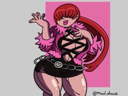 1girl breasts curvy female_focus heart jacket large_breasts long_hair mad_drawz madconjurerdrawz nail_polish pale_skin red_hair shermie_(kof) skirt smiley_face standing the_king_of_fighters thick_thighs thighs twintails wide_hips