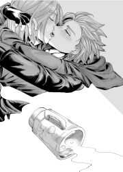 Rule 34 | 2boys, arms around neck, camus (dq11), commentary request, couple, cup, dragon quest, dragon quest xi, earrings, fingerless gloves, french kiss, gloves, greyscale, hatching (texture), hero (dq11), highres, jewelry, kiss, lying, male focus, medium hair, monochrome, multiple boys, on back, open mouth, parted hair, profile, sash, short hair, spiked hair, spill, sweatdrop, tongue, tunic, user muvx7483, yaoi