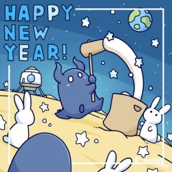 Rule 34 | 1other, 2023, 2others, chinese zodiac, desert, earth (planet), english text, food, happy new year, holding, horns, hoshikui, kine, mallet, mochi, mochi trail, moon, multiple others, new year, no humans, original, planet, rabbit, shoutarou (shoutarotttt), sky, space, star (sky), star (symbol), starry sky, twitter username, white eyes, year of the rabbit