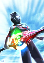 1boy alien artist_logo black_skin blue_sky clenched_hands cloud cloudy_sky color_timer colored_skin commentary compound_eyes cowboy_shot day dorsal_fin dutch_angle from_side glowing glowing_eyes glowing_sword glowing_weapon highres holding holding_sword holding_weapon kazuzu-art legs_apart logo looking_ahead looking_up male_focus multicolored_skin orbcalibur outdoors pectorals red_skin silver_skin sky solo standing sword tokusatsu toned toned_male ultra_series ultraman_orb ultraman_orb_(series) weapon white_eyes
