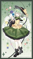 Rule 34 | 1girl, absurdres, black hat, black shoes, boots, bow, closed eyes, commentary request, contrast collar, floral print, flower, frilled shirt collar, frilled skirt, frilled sleeves, frills, full body, green hair, green skirt, hat, hat bow, highres, holding, holding flower, koishi day, komeiji koishi, long sleeves, medium hair, open mouth, petticoat, print skirt, rose print, shirt, shoes, skirt, solo, standing, third eye, touhou, wide sleeves, xingxingxing guangguang, yellow bow, yellow shirt