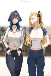 2girls :/ absurdres alternate_costume asymmetrical_bangs belt_buckle black_hair blonde_hair blue_eyes blue_hair blunt_bangs blurry blurry_background bow breasts buckle choker cleavage collarbone colored_inner_hair commentary cowboy_shot cropped_shirt denim eyelashes hair_bow hair_intakes hands_on_own_back highres hololive hololive_english hololive_indonesia jacket jeans kaela_kovalskia kaela_kovalskia_(indonesian_casual) large_breasts long_hair long_sleeves looking_at_viewer medium_hair midriff_peek multicolored_hair multiple_girls official_alternate_hairstyle one_side_up ouro_kronii ouro_kronii_(4th_costume) pants parted_lips partially_unzipped raglan_sleeves red_eyes short_sleeves standing sweatpants thigh_gap thumb_in_pocket track_jacket virtual_youtuber wolf_cut zenya