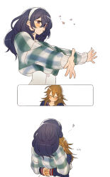 Rule 34 | 2girls, 404no2929, blue sweater, brown hair, closed eyes, closed mouth, commentary request, heart, highres, hug, long hair, miya (404no2929), multiple girls, original, outstretched arms, pink eyes, purple hair, shion (404no2929), simple background, skirt, smile, sweater, white background, white skirt, yuri