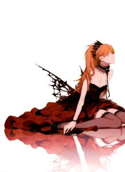 1girl absurdres ask_(askzy) blue_eyes choker crown dress highres long_hair neon_genesis_evangelion orange_hair red_dress reflection sitting socks solo souryuu_asuka_langley wariza