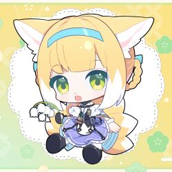 1girl animal_ears arknights blonde_hair chibi chinese_commentary commentary_request flower fox_ears fox_girl fox_tail full_body gloves green_eyes hairband highres holding holding_flower infection_monitor_(arknights) kitsune lily_of_the_valley miaoneko multicolored_hair multiple_tails name_connection object_namesake single_glove solo suzuran_(arknights) tail